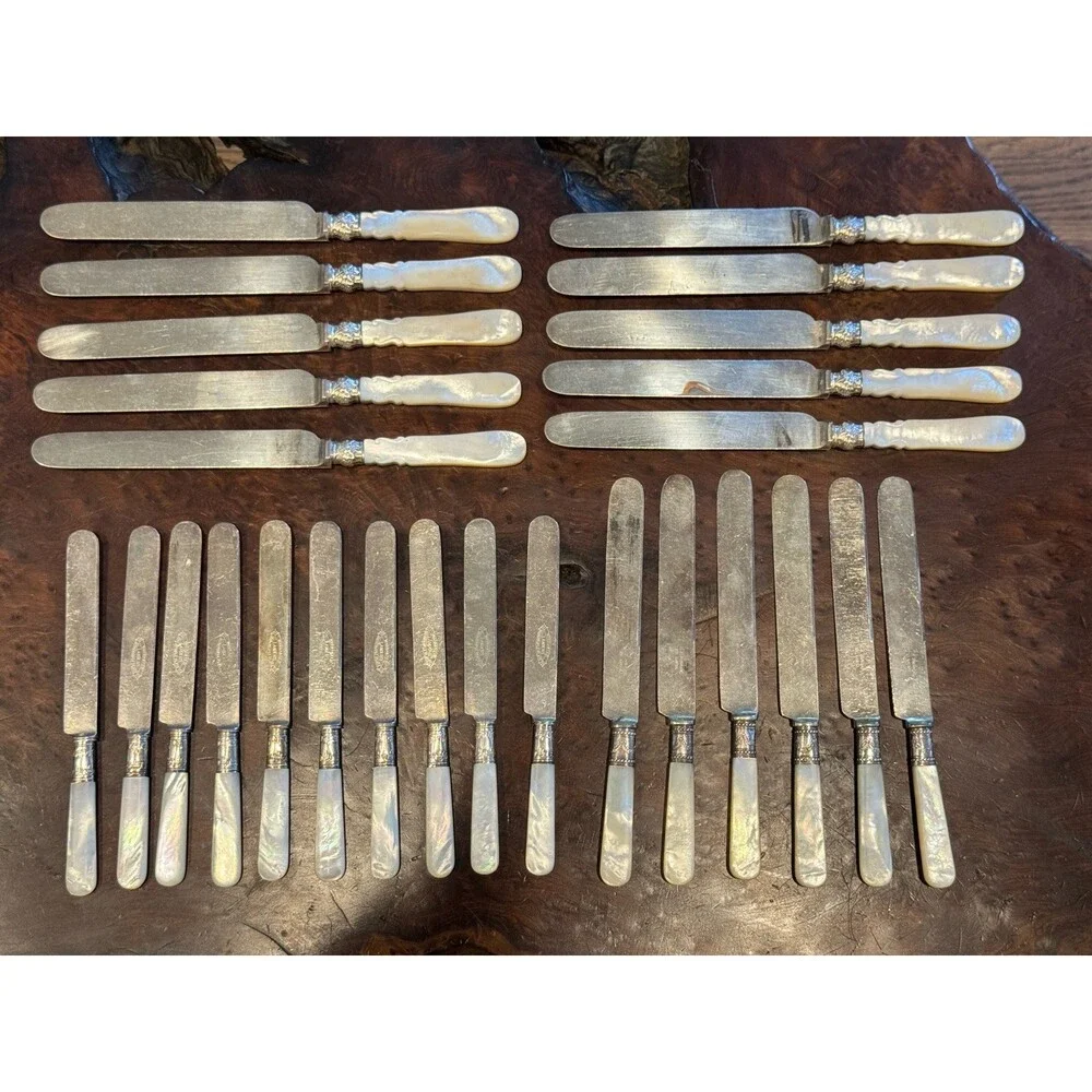 Antique Silver Plated Mother Of Pearl Lot Of 31 Pieces Knives & Serving Utensils